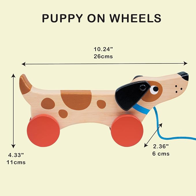 Mentari Toys - Puppy on Wheels - Wooden Dog Pull Toy for Toddler Walking for 18M+ Boys and Girls - Sustainable Rubberwood - Educational Motor Skills & Imaginative Play - Gift for Preschoolers