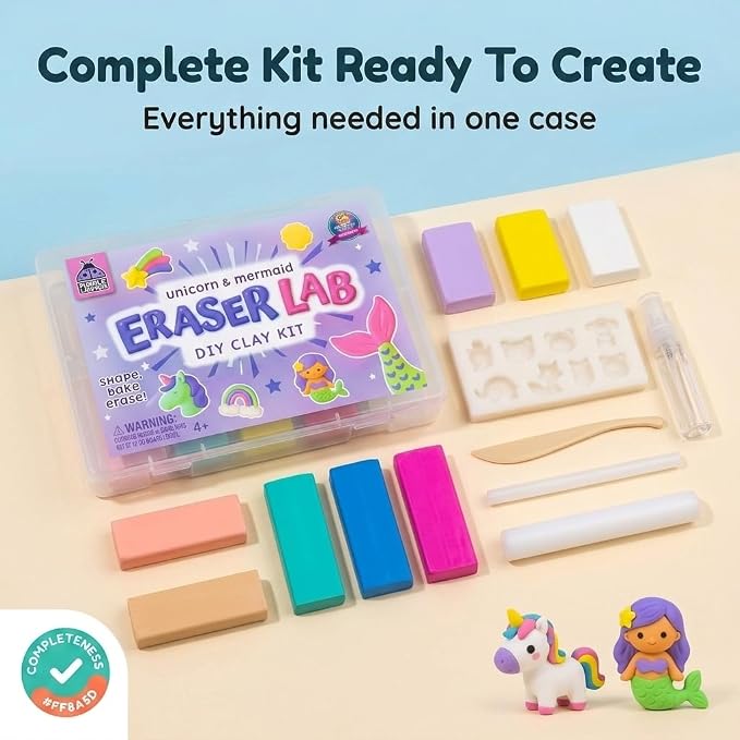 PURPLE LADYBUG Eraser Lab Mermaid & Unicorn Eraser Making Kit - Birthday Gift for Girls Ages 5-10, Make Your Own DIY Clay Eraser Kit, Gift for 7 Year Old Girl, Back to School Supply