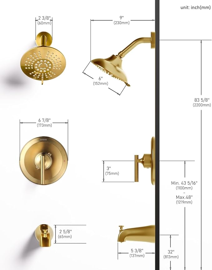 Shower Tub Faucet Set Gold, WOWOW Bathroom Shower Trim Kit with 6-Inch Rain Shower Head and Tub Spout, Single Handle Shower Combo Brushed Gold (Valve Included)