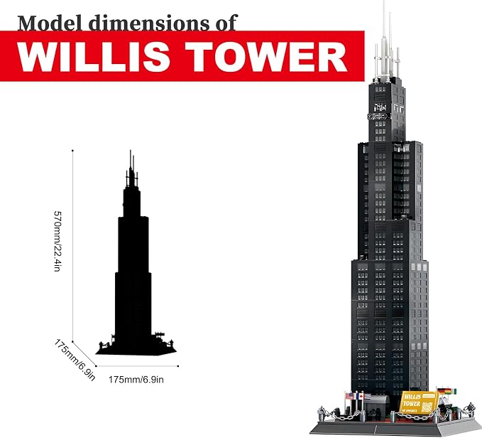 Willis Tower Chicago Architecture Building Block Set 1235 Pcs Famous City Skyline Landmark Model Kit Tall Skyscraper Construction Toy for Adults & Teens Home Office Desk Decor Display Gift