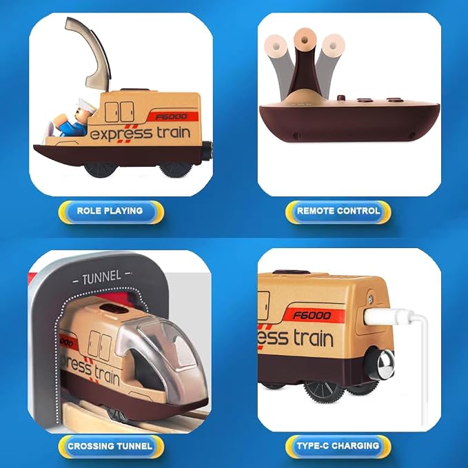 TOPLIVING Track Accessories Remote Control Train, Battery Operated Locomotive Train for Wooden Track, Motorized Train (Magnetic Connection) Compatible with Thomas, Brio, Chuggington