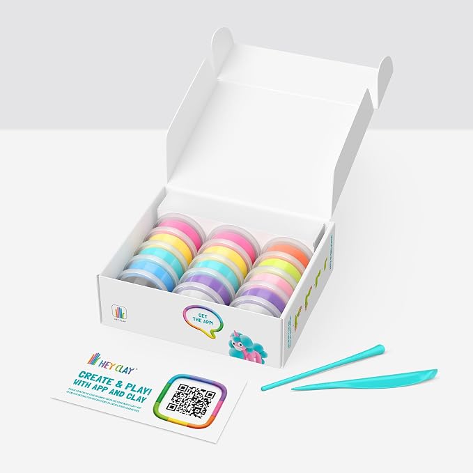 Hey Clay 15 Cans Set - Colourful Modelling Kids Air-Dry Clay 15 Cans with Sculpting Tools and Fun Interactive Instructions for Children Age 3+ (Rainbow Unicorns)