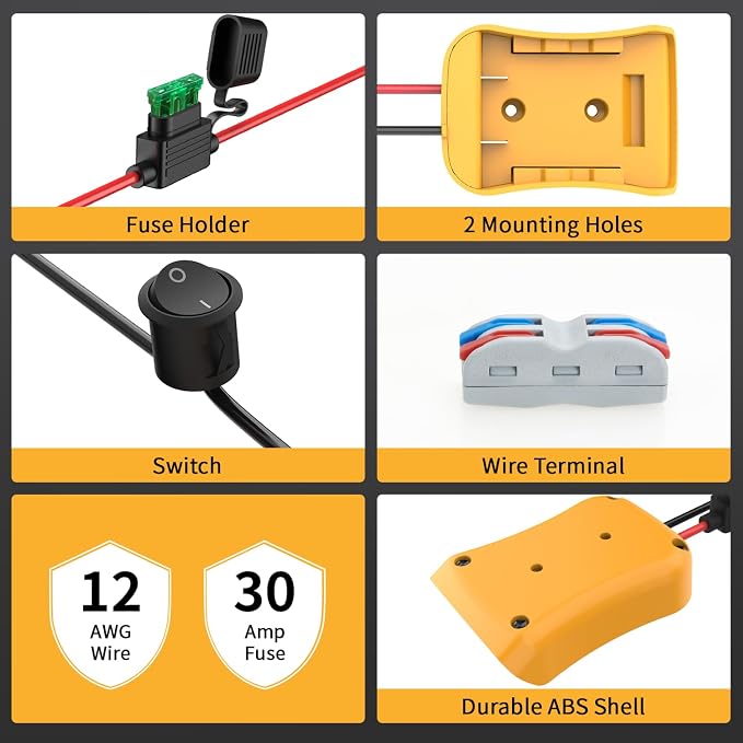 Kzreect 3 Pack for Power Wheel Adapter Compatible with Dewalt 20V Battery Converter Kit with Fuse Holder, Switch, Terminals, 12AWG Wire for DIY RC Car Toys