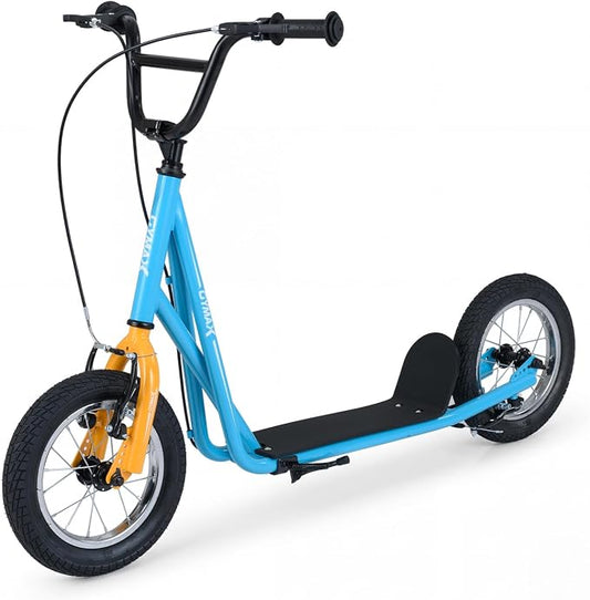 GYMAX Scooter, Kids & Adults Off-Road Scooter with 12" Inflatable Wheels, Adjustable Height Handlebar, V-Type Handbrakes & Axle Pegs for All Terrain, 8+