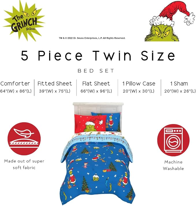 Grinch by Dr. Seuss Holiday & Christmas Bedding Soft Comforter and Sheet Set with Sham, 5 Piece Twin Size, (Official Dr. Seuss Product) By Franco