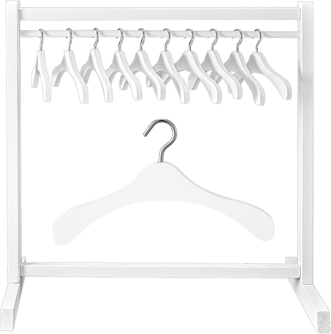Civaner 11 Pcs Doll Garment Rack with Wooden Clothes Hanger for 18 Inch Girl Doll Clothes Mini Hangers Wardrobe Furniture Accessories for Dollhouse Baby Shower Supplies (White)