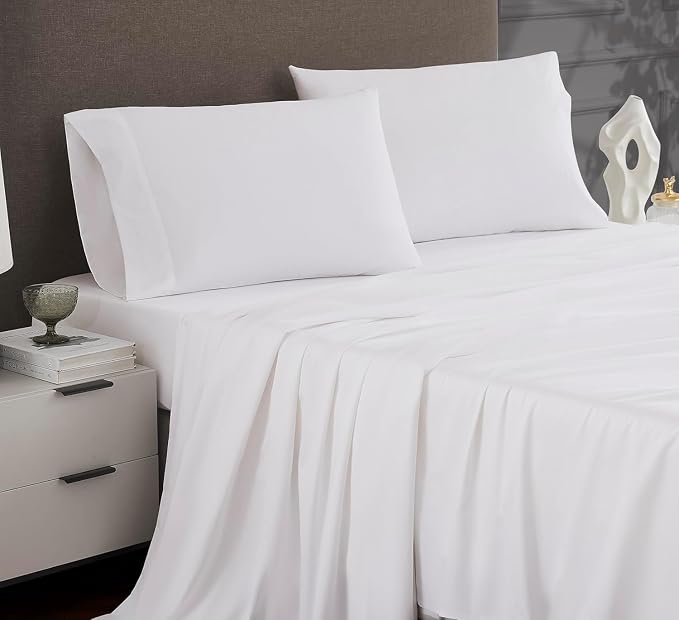 Linen Closet Luxury 1200 Thread Count Full Size Sheets Set, 4 Pieces, Cotton Rich, White, Soft, Durable & Wrinkle Resistant Sateen Sheets, 16" Deep Pocket Fitted Sheet, Home & Hotel Essentials