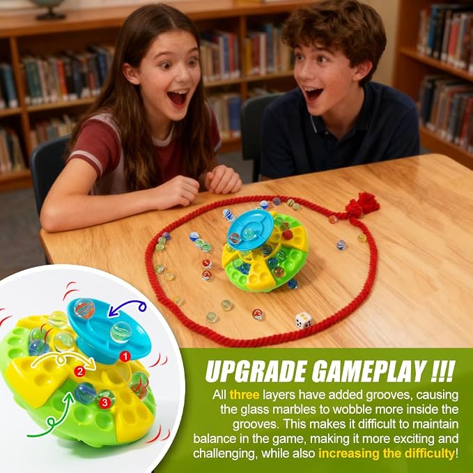 Wobble Marble Stack Balance Game with 60 Glass Marbles for Kids | 3 Tier Base & Dice & String, Built-in Storage, 1-4 Players Age 6+, Perfect Board Game for Family Game Night