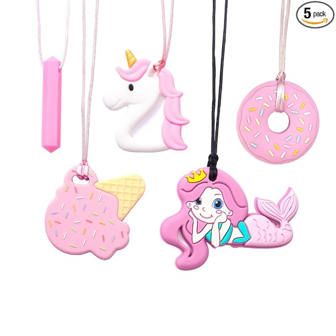 Chew Necklaces for Sensory Kids 5 PCS Chewy Necklaces that Like Biting or Have Autism-Perfectly Textured Chewelry Kid Girl Teether Chewing Toys-Chewy Children Chew Toys for Aggressive Chewers Kids