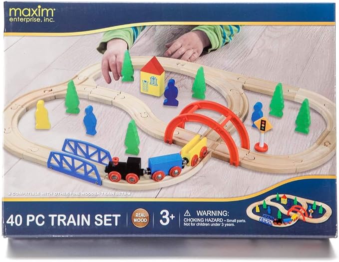 maxim enterprise, inc. 40 Pc Wooden Train Set, Complete Toy Railway with Straight and Curved Tracks, Wood Engine, Cars, Hauler, Signs, and More, Compatible with All Major Brand Accessories, Age 3+