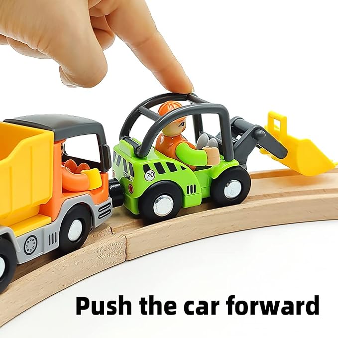 Wooden Train Cars Track Accessories Set Digger and Dump Truck Small Vehicles Magnetic Train Cars Fit for Wooden Train Track Railway for Boys and Girls (Construction Set)