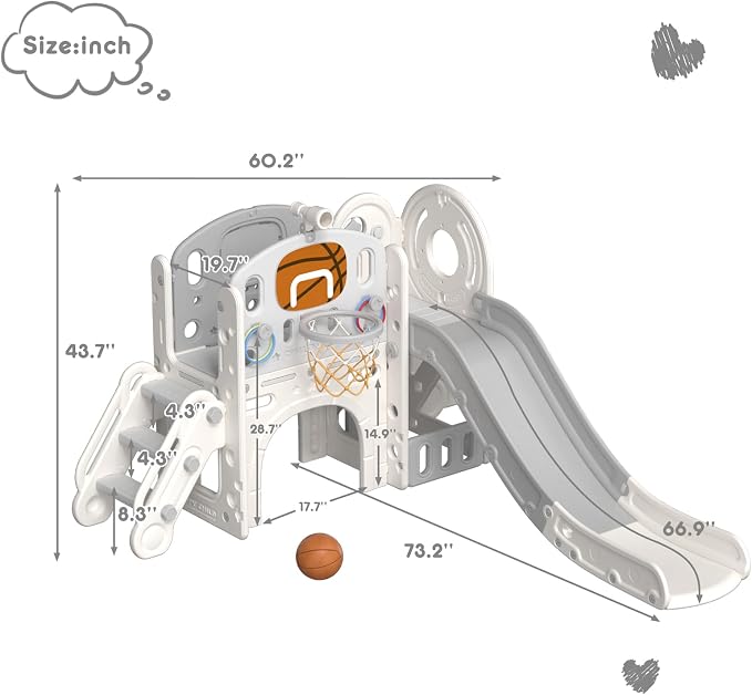 XJD 8 in 1 Toddler Slide Set, Kids Slide for Toddlers Age 1+, Climber Slide PlaySet with Basketball Hoop and Ball,Outdoor Indoor Playground for Toddlers 1-3 (Beige Grey, 8 in 1)