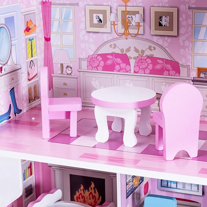 Honey Joy 3-Level Wooden Dollhouse with 8 Pcs Furniture, Pretend Play Kids Doll's House, Princess Mini Toy Playset, Gift for Little Girls (Pink, 2.5FT)