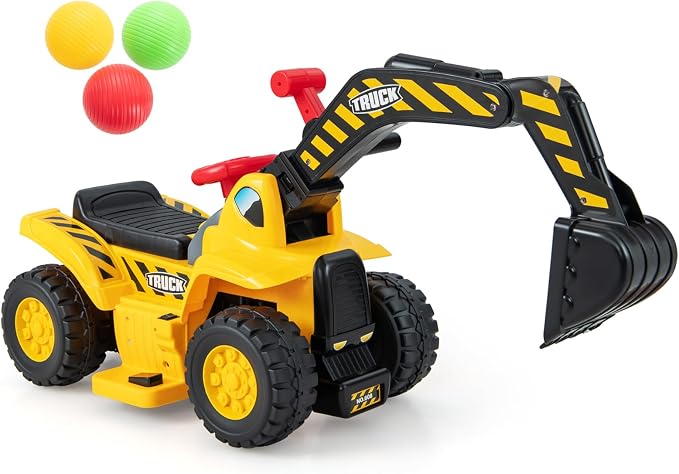 HONEY JOY Electric Ride on Push Car, Toddler Bulldozer Digger w/Balls & Basketball Hoop, Outdoor Digging Scoop, Flexible Bucket, 6V Ride on Excavator Construction Vehicle for Kids
