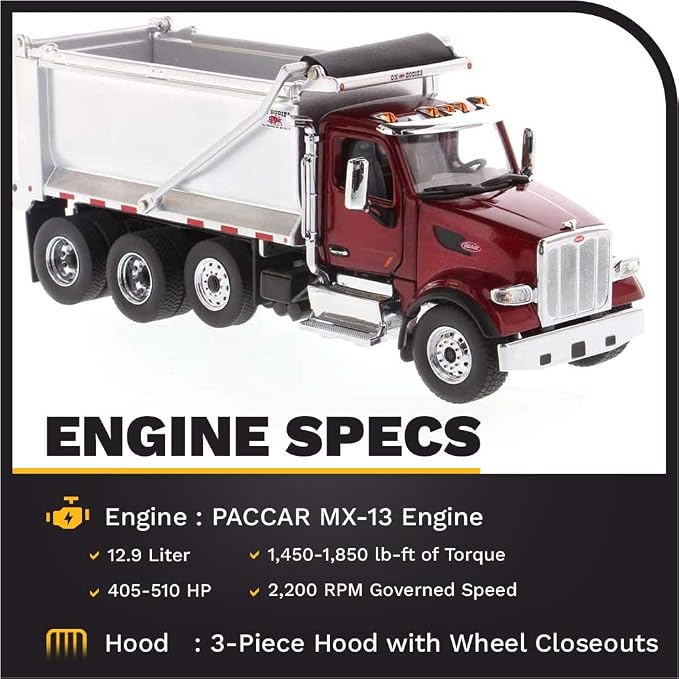Diecast Masters Peterbilt Model 567 Dump Truck - Metallic Red | Tandem with Pusher Axle PACCAR Engine, Ox Bodies Stampede Cab 1:50 Scale Semi Trucks 71077
