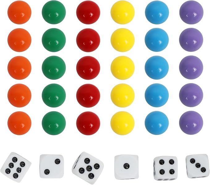 0.71Inch 30 Wahoo Marbles & 6 Dice Set, 5 of Each 6 Colors, 18mm Replacement Marbles for Wahoo Board Games with Storage Bag