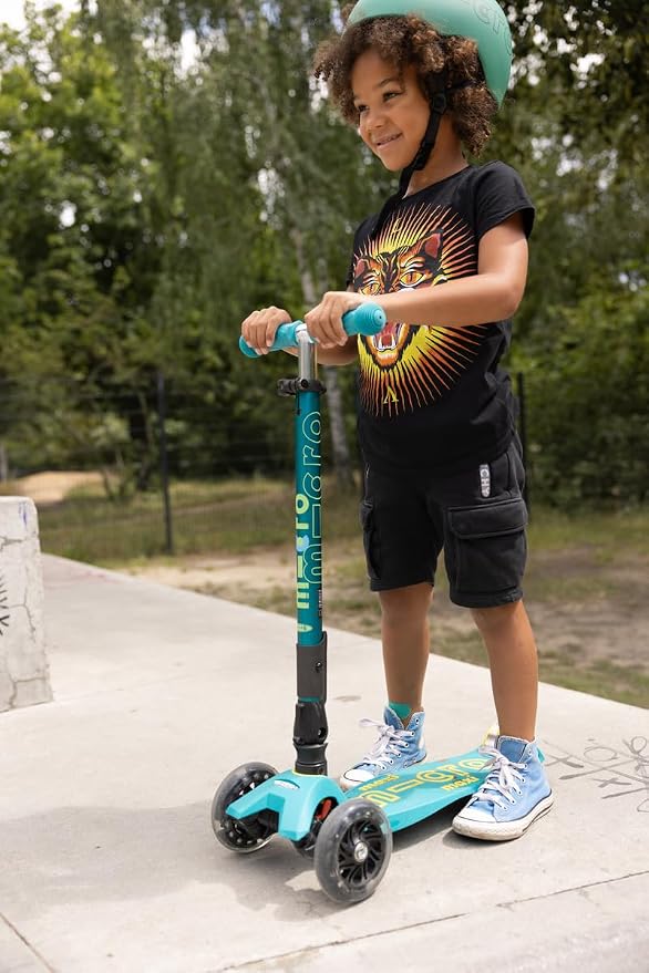 Micro Kickboard | Maxi Foldable LED Kids Scooter for Ages 5-12 | Children up to 110 lbs | 3 Wheel Lean-to-Steer Design | Adjustable T Bar | Smooth Ride, Motion Activated PU LED Wheels | Swiss Design