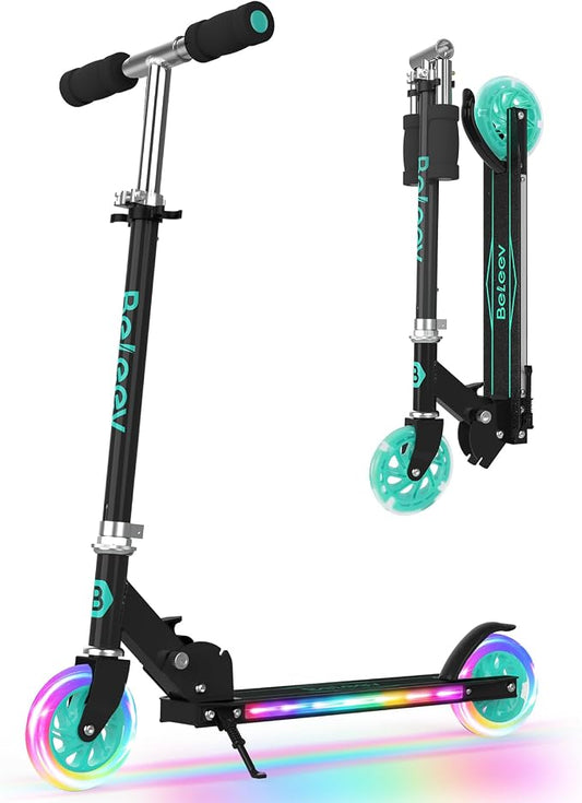 BELEEV V1 Scooters for Kids, 2 Wheel Folding Kick Scooter for Girls Boys, 3 Adjustable Height, Light Up Wheels, Lightweight Scooter with Sturdy Frame, Kickstand for Children 3 to 12 Years Old