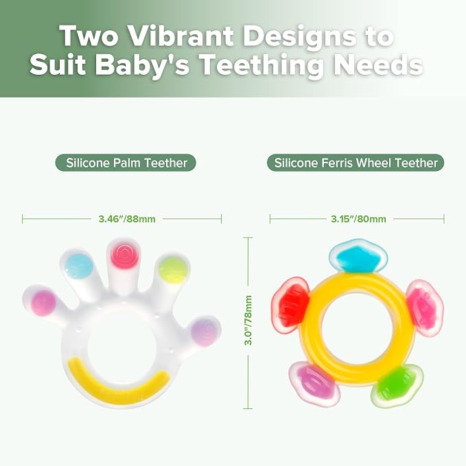 Haakaa Silicone Teether Combo, Baby Freezer Teething Toys for Sore Gums, Easy-Grip Sensory Teethers for 3M+ Babies, Palm & Ferris Wheel Shapes, BPA Free, 2 Pack