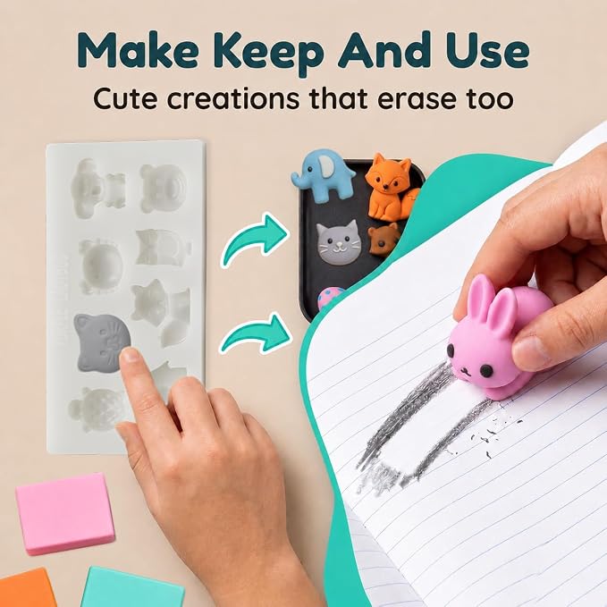 DIY Clay Cute Mini Eraser Kit for Kids - Birthday Gifts for 4 5 6 7 8 9 10 11 12 Girls & Boys - Students Desk Pet Animals Make Your Own Erasers Kit, Arts and Crafts for Kids Ages 8-12 4-8