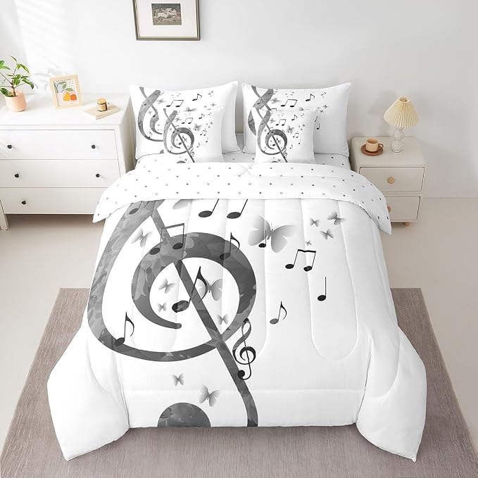 Feelyou Music Comforter Set with Sheets Twin Size Guitar Bed in a Bag for Boys Girls Teens White 7 Pieces Bedding Set Soft Lightweight Microfiber