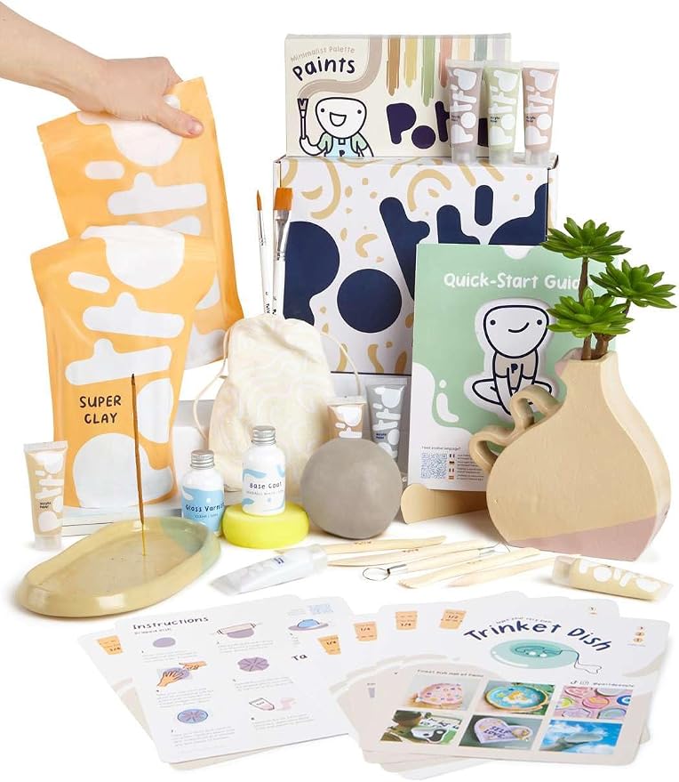 Pott'd Air Dry Clay for Adults. Beginners Home Pottery Kit for Adults. DIY Crafts Includes: Air-Dry Clay, Tools, Paints, Brushes, Sealant, Guides