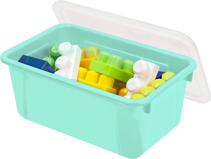 Storex Small Cubby Bins – Plastic Storage Containers for Classroom with Non-Snap Lid, 12.2 x 7.8 x 5.1 inches, Teal, 5-Pack (62412A05C)