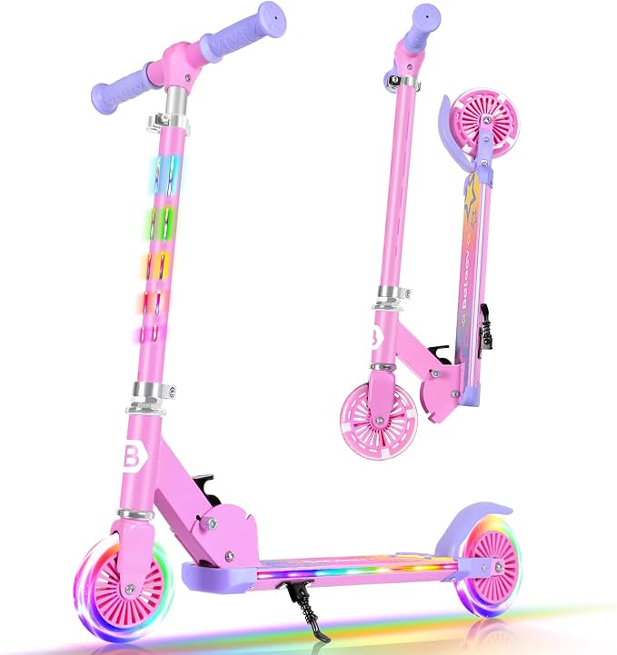 BELEEV V3 Scooter for Kids with Light-Up Wheels & Stem & Deck, 2 Wheel Folding Scooter for Girls Boys, 4 Adjustable Height, Lightweight Kick Scooter with Handy Kickstand for Children Ages 3-12