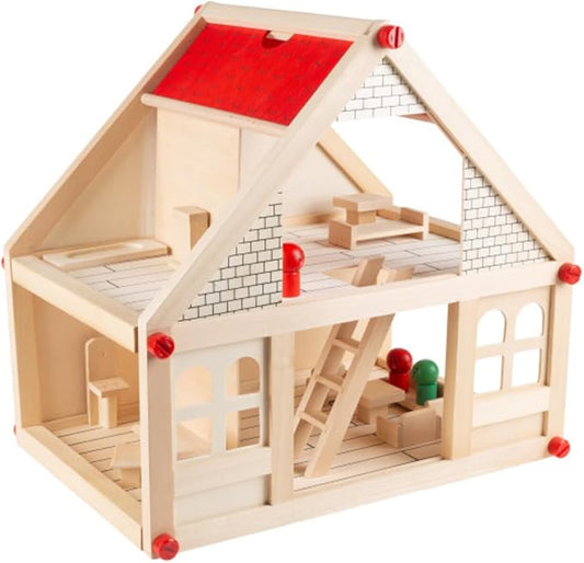 HEY! PLAY! Dollhouse for Kids – Classic Pretend Play 2 Story Wood Playset with Furniture Accessories and Dolls for Toddlers, Boys and Girls
