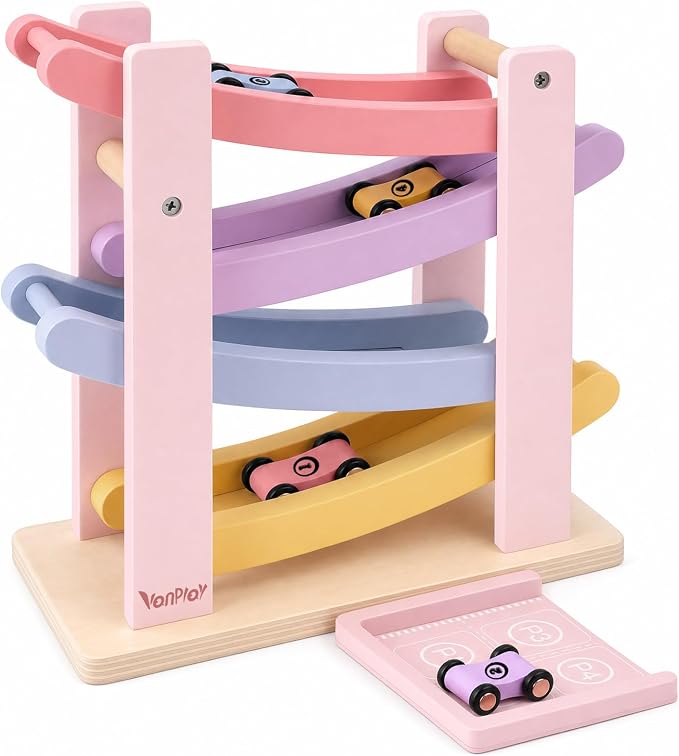 Vanplay Car Ramp Toys for One Year Old Girl Birthday Gifts, Montessori Toys for 1 2 Year Old, Wooden Race Track Truck Toy with 4 Mini Cars, First Christmas Birthday Gifts for Toddler Girl Toys 1-3-2-4