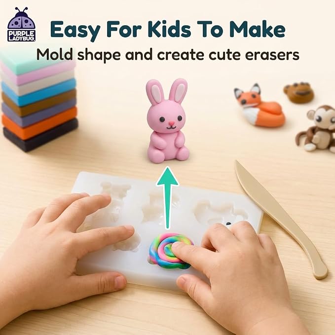 DIY Clay Cute Mini Eraser Kit for Kids - Birthday Gifts for 4 5 6 7 8 9 10 11 12 Girls & Boys - Students Desk Pet Animals Make Your Own Erasers Kit, Arts and Crafts for Kids Ages 8-12 4-8