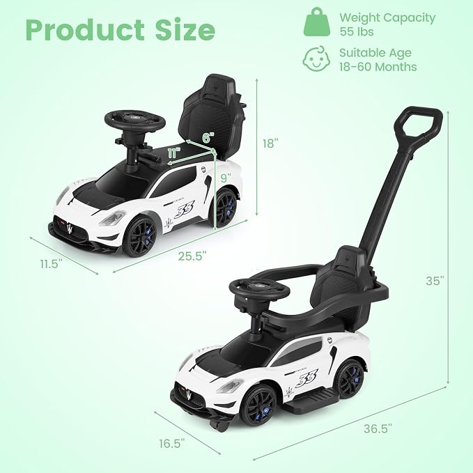 OLAKIDS Push Car for Toddlers, Licensed Maserati 3 in 1 Baby Ride on Sliding with Parent Control Handle, Universal Wheels Safe Guardrails Under Seat Storage, Kids Walking Toy with Music Horn (White)