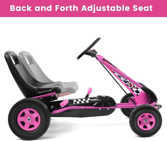 Costzon Go Kart for Kids, 4 Wheel Off-Road Pedal Go Cart w/Adjustable Seat, Steering Wheel, 2 Safety Brakes, EVA Rubber Tires, Ride-On Toys, Outdoor Racer Pedal Car(Pink, 40" L x 24''W x 24.5''H)
