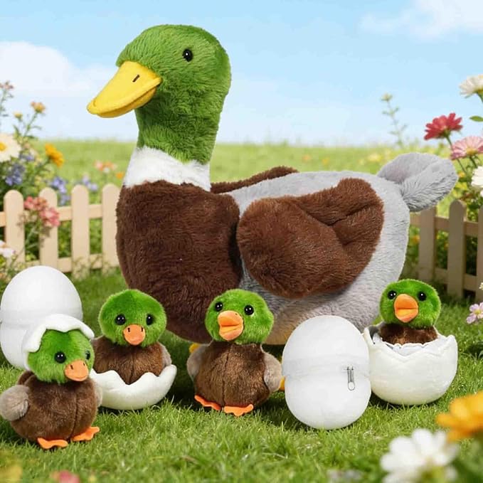 7 in 1 Mallard Duck Stuffed Animals Plush Toys, 12“ Zippered Mommy Stuffed Duck with 4 Baby Ducklings and Eggs Green Duck Plushies Pillow for Kids Birthday Christmas Farm Party Decor