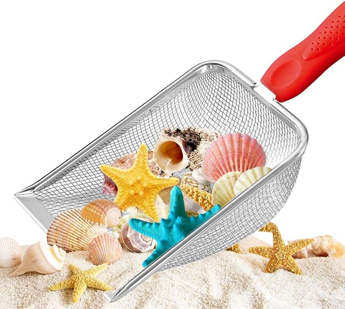 Beach Mesh Shovel, Shark Tooth Sifter Dipper for Shell Collecting, Kids Filter Sand Scooper for Picking Up Shells - Beach Snow Toys for Kids (Red)