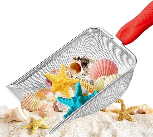 Beach Mesh Shovel, Shark Tooth Sifter Dipper for Shell Collecting, Kids Filter Sand Scooper for Picking Up Shells - Beach Snow Toys for Kids (Red)