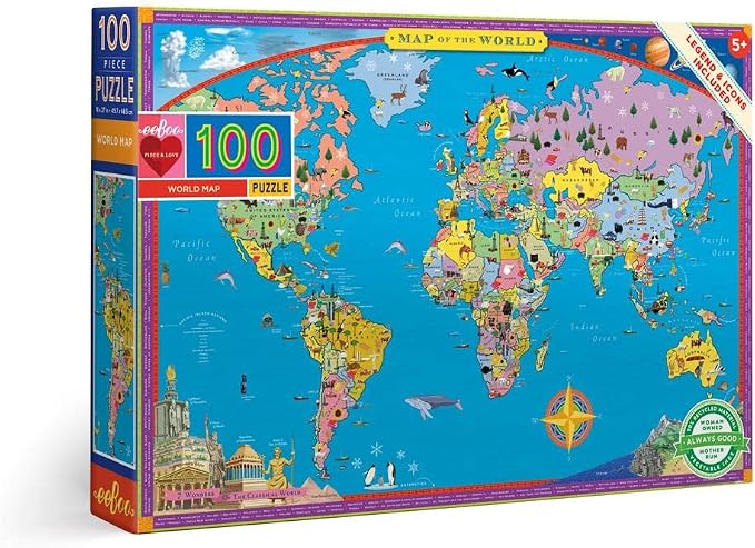 eeBoo 100 Piece Puzzle for Kids - World Map Children's Puzzle Geography Themed, Large Pieces for Small Hands to Develop Motor Skills
