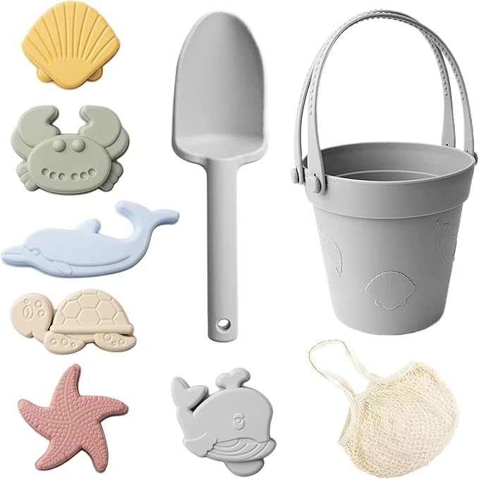 Sand Toys for Kids 8PCS Safe Silicone Beach Toys Grey - with Shovel, Bucket and Sand Molds, Waterproof for Travel Summer