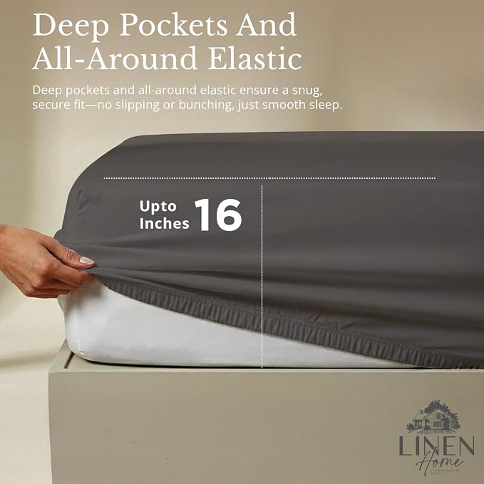 Linen Home 2-Pack Queen Sheet Set, 100% Cotton Percale Bedding, 8-Piece Value Bundle, Deep Pocket Cooling Bedsheets for Hot Sleepers, Breathable & Crisp Hotel Quality Long-Staple Cotton Smoky Charcoal