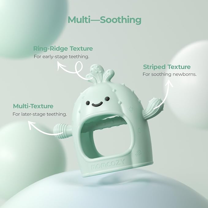 Momcozy Baby Teething Toys, Food Grade Silicone Baby Teether，Teething Mitten for Babies 0–6 Months，Teethers for Babies 6–12 Months，Anti Drop Wrist Teether with Multiple Chew Points， Grass Green