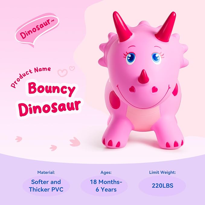 ZOOJOY Dinosaur Bouncy Animal Hopper, Inflatable Bouncy Hopping Toys for Toddlers 1-3, Ride-on Bouncing Toys for ChristmasBirthday Gifts for Boys Girls, Pink Gril Toys WFree Pump