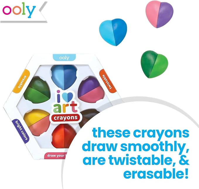 Ooly I Heart Art Erasable Crayons, Twistable Kids Coloring Kit, 12 Bright Colors, Gifts for Kids