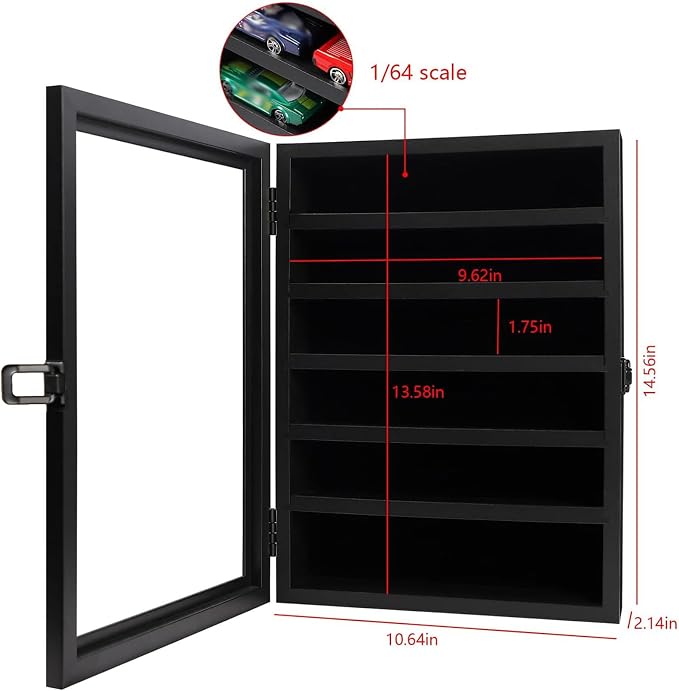 Toy Cars Display Case 1/64 Scale Diecast Car Display Case Wall Mount Model Car Display Storage Cabinet Lockable with Real Glass & Removable Shelf Rack -Black