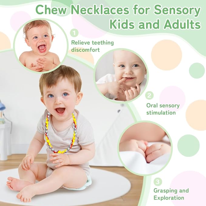 Teething Necklace for Baby,Tooth Grinding Toys，Sensory Chew Necklace for Kids, Girls,Boys,Adult with Autism, ADHD,Teething Beads for Babies