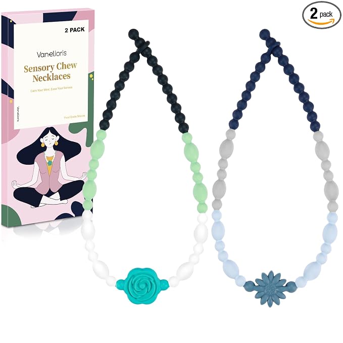 Chew Necklaces for Sensory Kids Adults, Flower Chewy Necklace Sensory Toys for Autism Nail Biting, Fidget Necklace Oral Chew Toys, ADHD Tools for Boys Girls