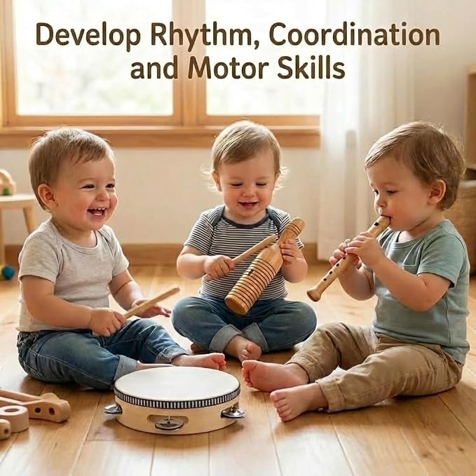 Stoie’s Wooden Musical Instruments for Toddlers Ages 3+, Montessori Music Toy Set for Kids with Drum, Tambourine, Maracas, Bells & Flute, Educational Preschool Toys for Boys & Girls