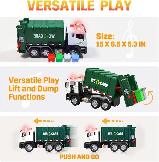 Garbage Truck Toy, Large Friction Powered Trash Truck Toy with Light and Sounds, 4 Trash Bins and Learning Cards for Kids