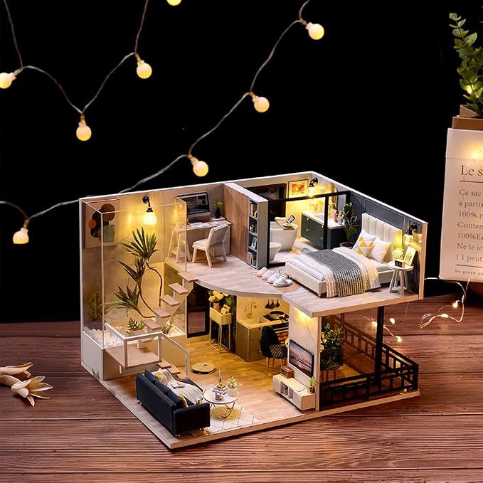 Lannso DIY Dollhouse Miniature Wooden Furniture Kit, Doll House Kit with Dust Proof Cover Music Box, Mini Handmade Wooden Dollhouse Toys for Adult Gift(L32)