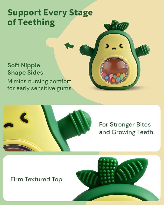 Baby Teething Toys, Easy Hold Stay-On Silicone Hand Mitten Teether with Rattle, Sensory Teething Relief for 3–6 and 6–12 Month Babies