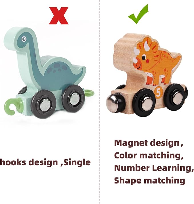 Magnetic Wooden Dinosaur Train Set, 11 Piece Montessori Toys for Toddlers, Preschool Educational Material for Kids, Birthday Gifts for Boys and Girls